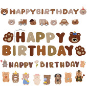 Vintage barna rajzfilm Kis Medve Boldog Születésnapot Levél Banner Autós Medve Születésnapi Party dekoráció Gyerekek Baby Shower Party Függő Zászló