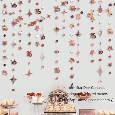 Irizáló 16-os szám, papír csillagpontos füzér, függő sármány, édes rózsa arany 16. boldog 16. születésnapi buli dekorációhoz