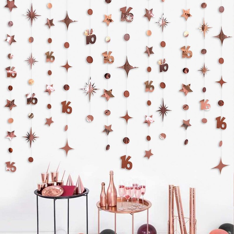 Irizáló 16-os szám, papír csillagpontos füzér, függő sármány, édes rózsa arany 16. boldog 16. születésnapi buli dekorációhoz
