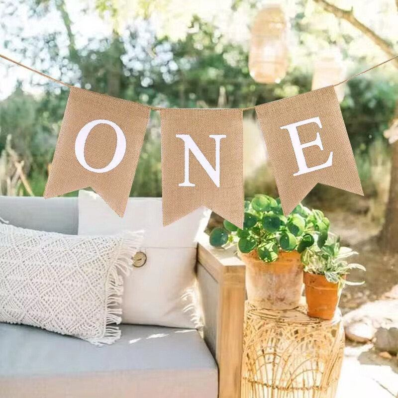 Baba első születésnapi szék banner Zsákvászon ONE Garland Fiú Lány Egyéves Születésnapi Party dekoráció Kedvezmények Fotó Kellékek Kellékek