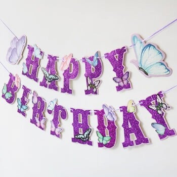 Μωβ Glitter Butterfly Happy Birthday Banner, Sparkling Fairy Garden Decorations for Kids Girls Baby Party Supplies