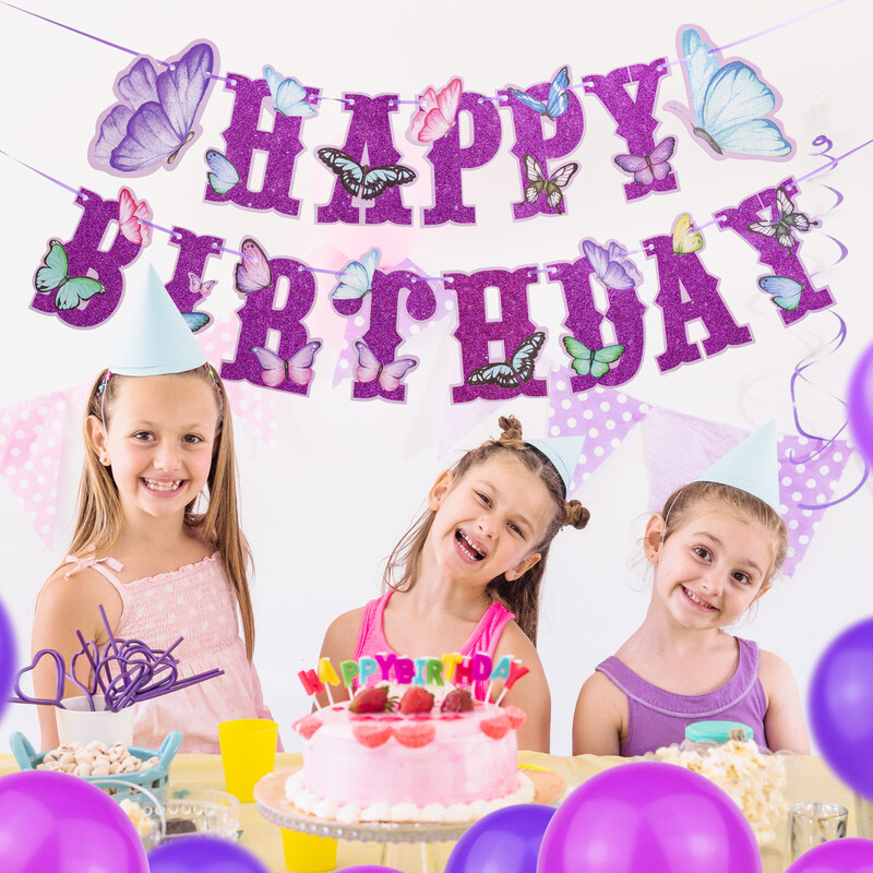 Lila csillogó pillangó boldog születésnapot zászló, csillogó tündérkert témájú dekorációk gyerekeknek, lányoknak, babáknak, parti kellékek