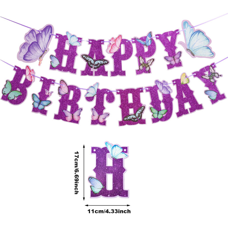 Lila csillogó pillangó boldog születésnapot zászló, csillogó tündérkert témájú dekorációk gyerekeknek, lányoknak, babáknak, parti kellékek