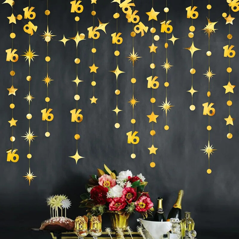 Arany szám 16 körpöttyös Twinkle Star Garland Banner Háttérdíszek lányoknak Fiúknak 16. születésnapi évfordulós parti