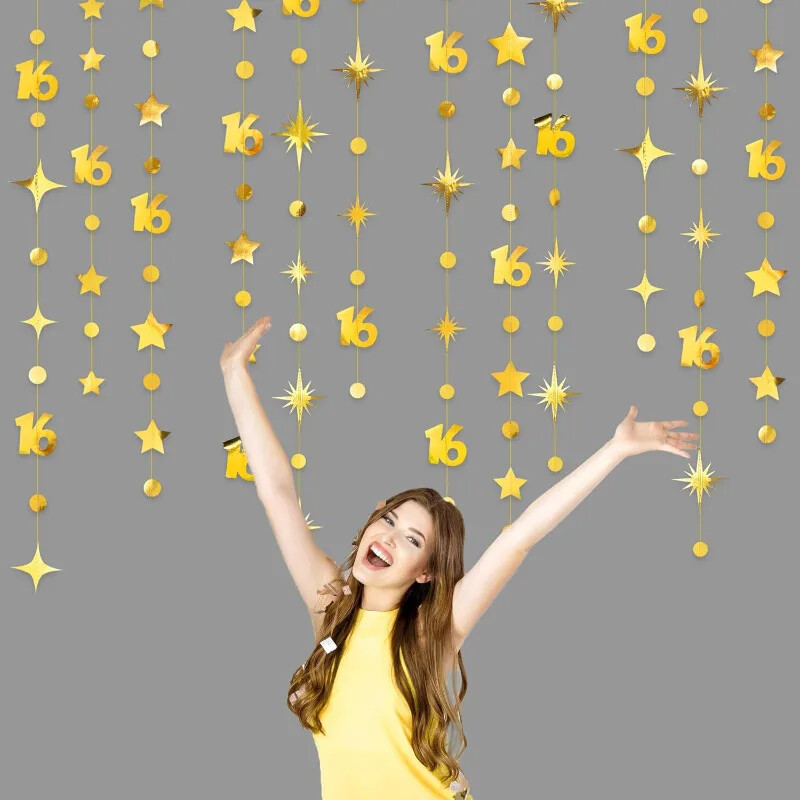 Arany szám 16 körpöttyös Twinkle Star Garland Banner Háttérdíszek lányoknak Fiúknak 16. születésnapi évfordulós parti