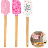 3 csomag szilikon spatula fa fogantyúval Hőálló sütőlapát rózsaszín szatén szalag masnikkal sütéshez főzéshez