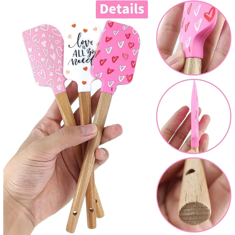 3 csomag szilikon spatula fa fogantyúval Hőálló sütőlapát rózsaszín szatén szalag masnikkal sütéshez főzéshez