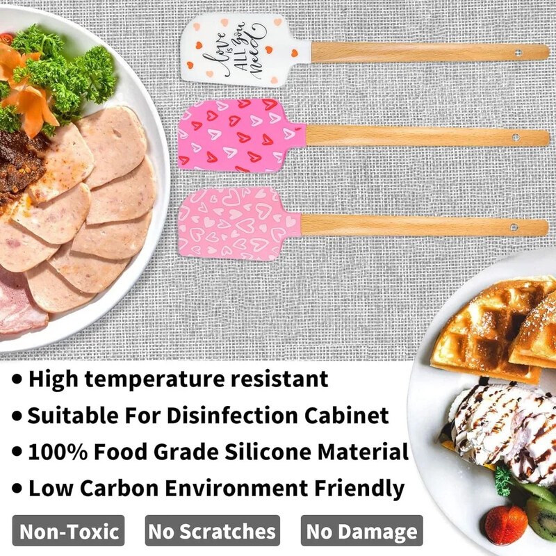 3 csomag szilikon spatula fa fogantyúval Hőálló sütőlapát rózsaszín szatén szalag masnikkal sütéshez főzéshez