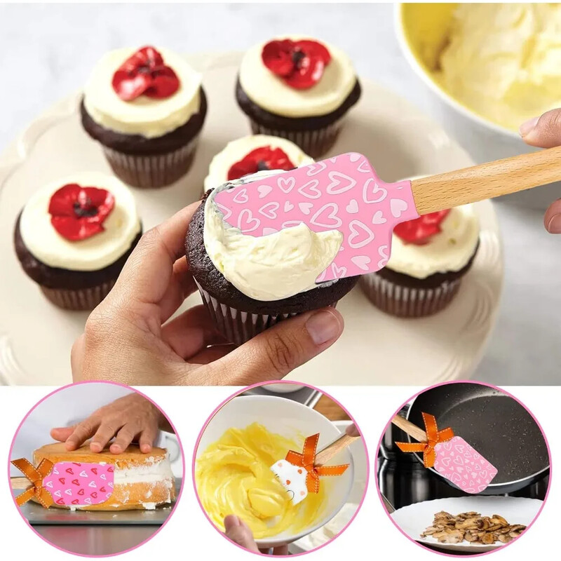 3 csomag szilikon spatula fa fogantyúval Hőálló sütőlapát rózsaszín szatén szalag masnikkal sütéshez főzéshez