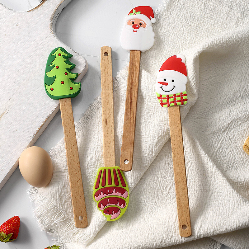 Ziemassvētku eglītes krēmveida konditorejas izstrādājumu blenderis silikona kūku mikseris lāpstiņa koka rokturis Ziemassvētku vecītis sniegavīrs sviesta skrāpis virtuves sīkrīki