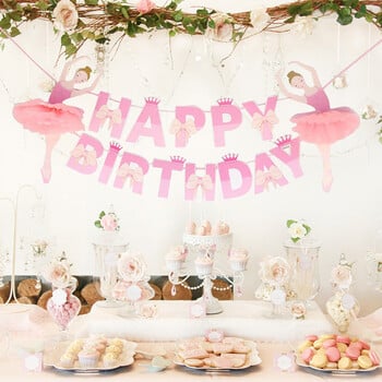 Μπαλαρίνα Ballet Girl Bunting Banner HAPPY BIRTHDAY με παπιγιόν και ντεκόρ στέμμα Διακοσμητικό πάρτι γιρλάντα για γενέθλια παιδί