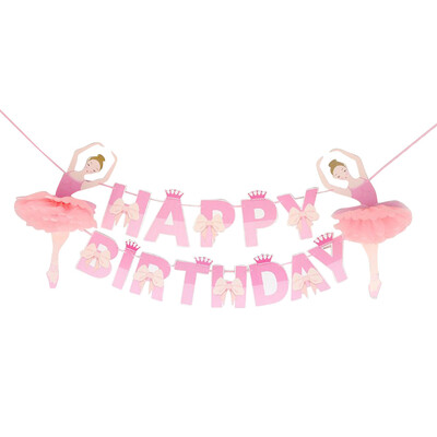 Ballerina Ballet Girl Banting Banner HAPPY BIRTHDAY with Bowknot and Crown Decor Bunting Garland Party Decor for Birthday Kid