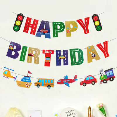 Boldog születésnapot transzparens Repülőgép Autó Jármű Hajó Zászlót húzó Traffipax Banner Baby Shower Gyerek húzó Virágparti Dekoráció