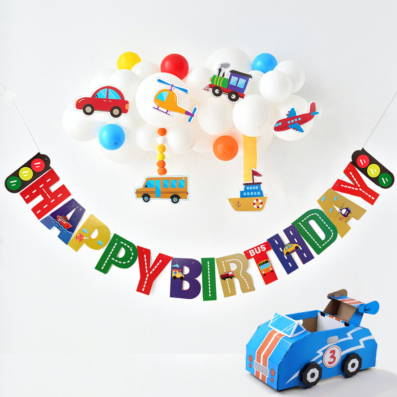 Boldog születésnapot transzparens Repülőgép Autó Jármű Hajó Zászlót húzó Traffipax Banner Baby Shower Gyerek húzó Virágparti Dekoráció