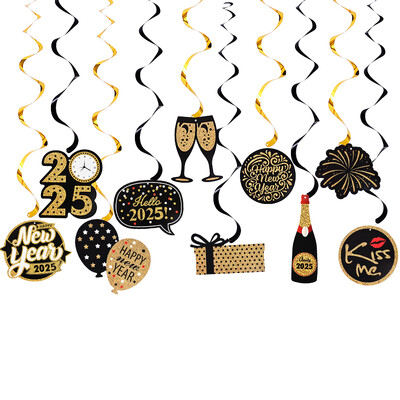 10db/szett Boldog Új Évet Spirál függő Banner Garland Hello 2025 szilveszteri buli dekorációs kellékek Photo Booth kellékek ajándék