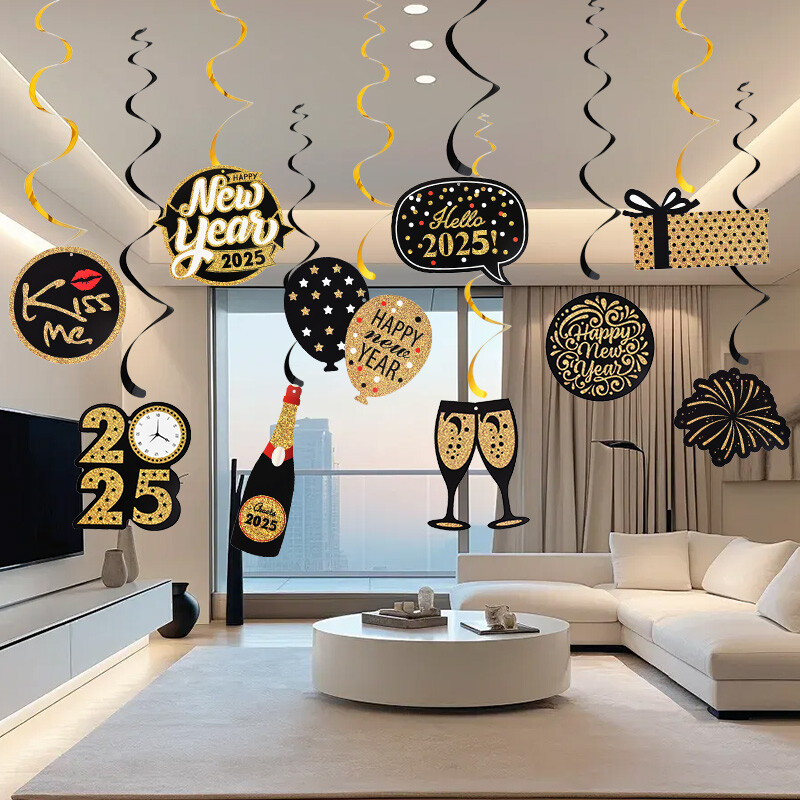 10db/szett Boldog Új Évet Spirál függő Banner Garland Hello 2025 szilveszteri buli dekorációs kellékek Photo Booth kellékek ajándék