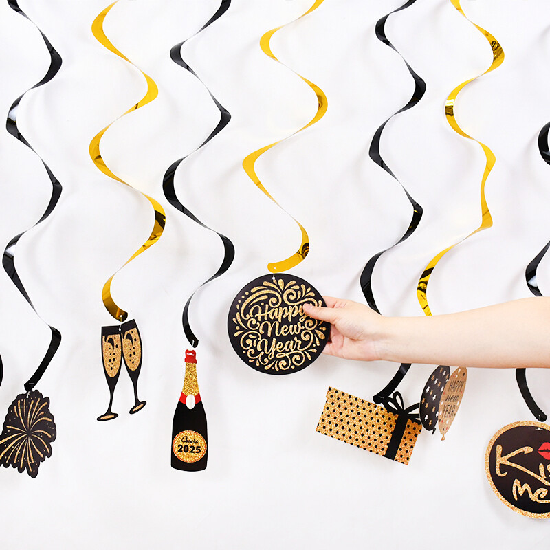 10db/szett Boldog Új Évet Spirál függő Banner Garland Hello 2025 szilveszteri buli dekorációs kellékek Photo Booth kellékek ajándék