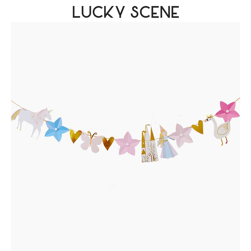Esküvői dekoráció zászló Baba születésnapi parti banner Ins Unicorn Castle Princess Party Banner Baby Shower dekoráció S00892