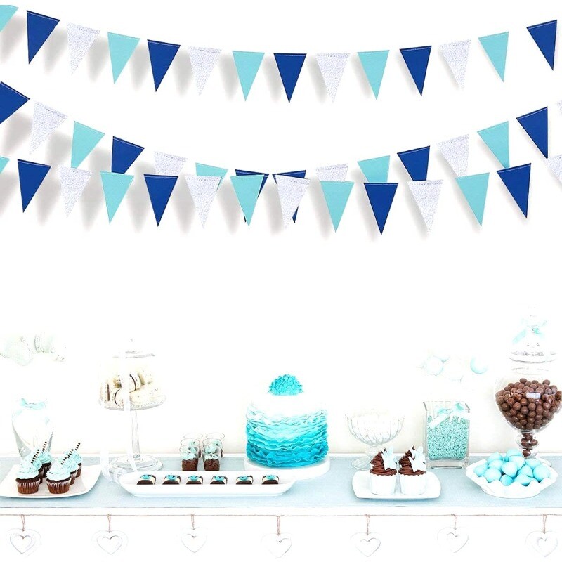 Sötétkék égszínkék, ezüst nemek felfedő zászlós zászló, függő papír háromszög sármány zászlófüzér születésnapi menyasszonyi parti kellékekhez