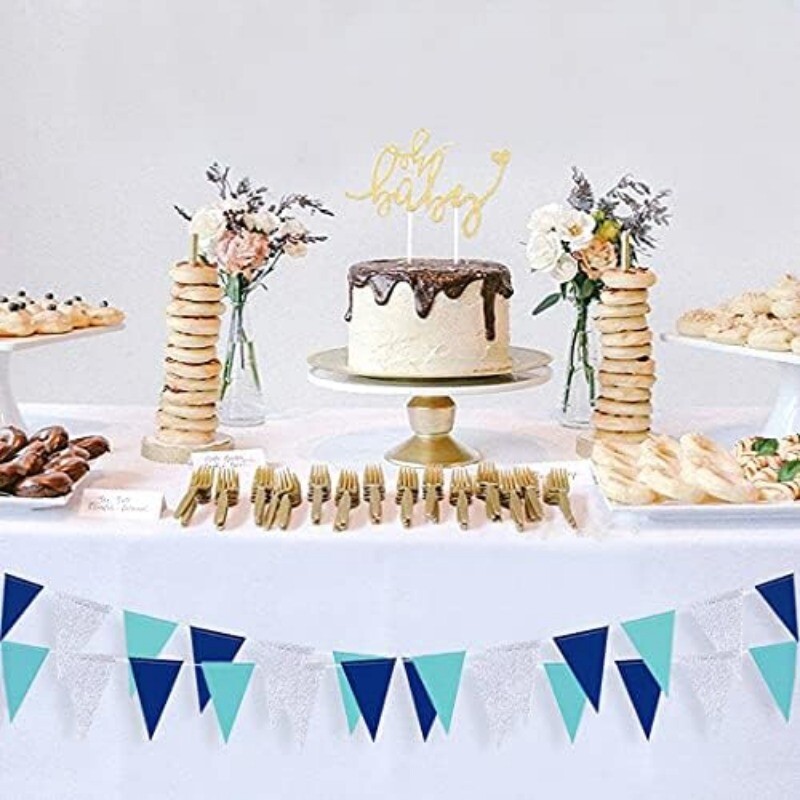 Sötétkék égszínkék, ezüst nemek felfedő zászlós zászló, függő papír háromszög sármány zászlófüzér születésnapi menyasszonyi parti kellékekhez