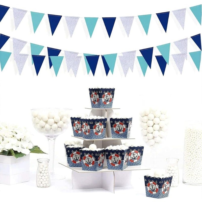 Sötétkék égszínkék, ezüst nemek felfedő zászlós zászló, függő papír háromszög sármány zászlófüzér születésnapi menyasszonyi parti kellékekhez