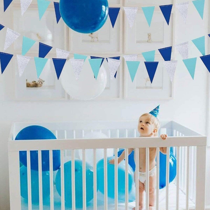 Sötétkék égszínkék, ezüst nemek felfedő zászlós zászló, függő papír háromszög sármány zászlófüzér születésnapi menyasszonyi parti kellékekhez