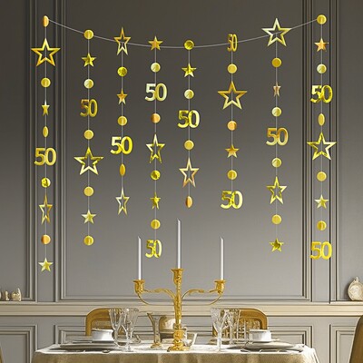 Rózsa aranyszínű színes transzparens, 50 éves, üreges csillagok, kör függő medálok, füzérek Boldog 50. születésnapi parti kellékek