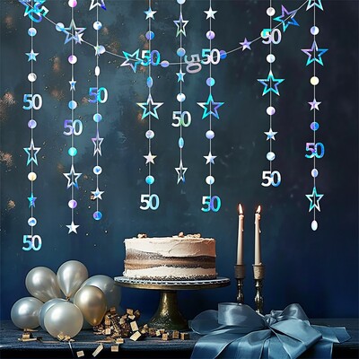 Rózsa aranyszínű színes transzparens, 50 éves, üreges csillagok, kör függő medálok, füzérek Boldog 50. születésnapi parti kellékek