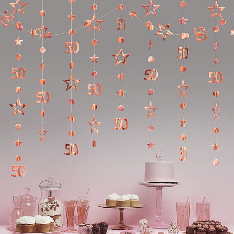 Rózsa aranyszínű színes transzparens, 50 éves, üreges csillagok, kör függő medálok, füzérek Boldog 50. születésnapi parti kellékek