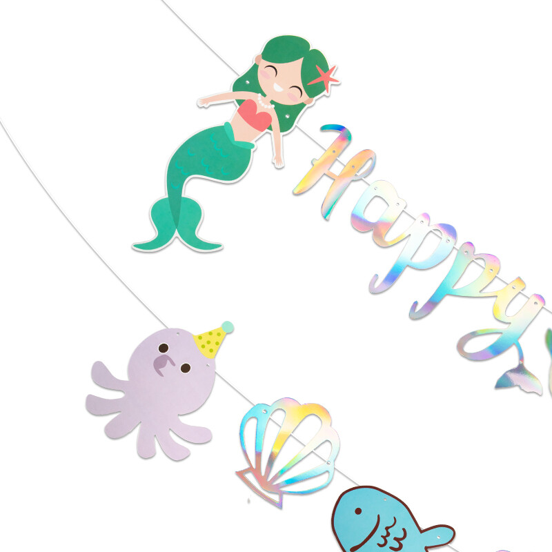 Mermaid Boldog Születésnapi Party Banner Óceán alatti Tenger témájú Party dekoráció Függő színes girland baba zuhany kellék