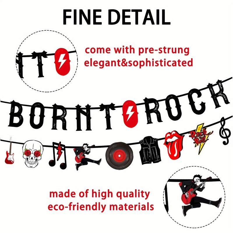 Born to Rock Csillogó szalaghirdetés zenei jegyzetfüzérrel Az 1950-es évek rock and roll születésnapi parti díszei Rockparti kivágott szalaghirdetései
