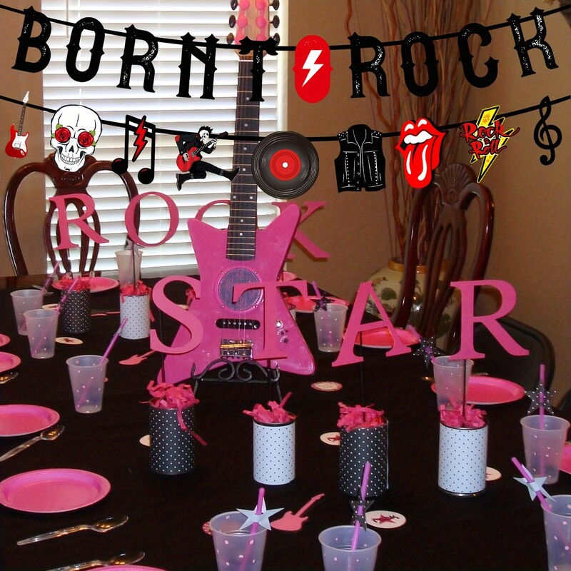 Born to Rock Csillogó szalaghirdetés zenei jegyzetfüzérrel Az 1950-es évek rock and roll születésnapi parti díszei Rockparti kivágott szalaghirdetései
