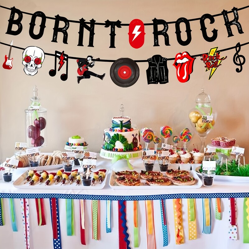 Born to Rock Csillogó szalaghirdetés zenei jegyzetfüzérrel Az 1950-es évek rock and roll születésnapi parti díszei Rockparti kivágott szalaghirdetései