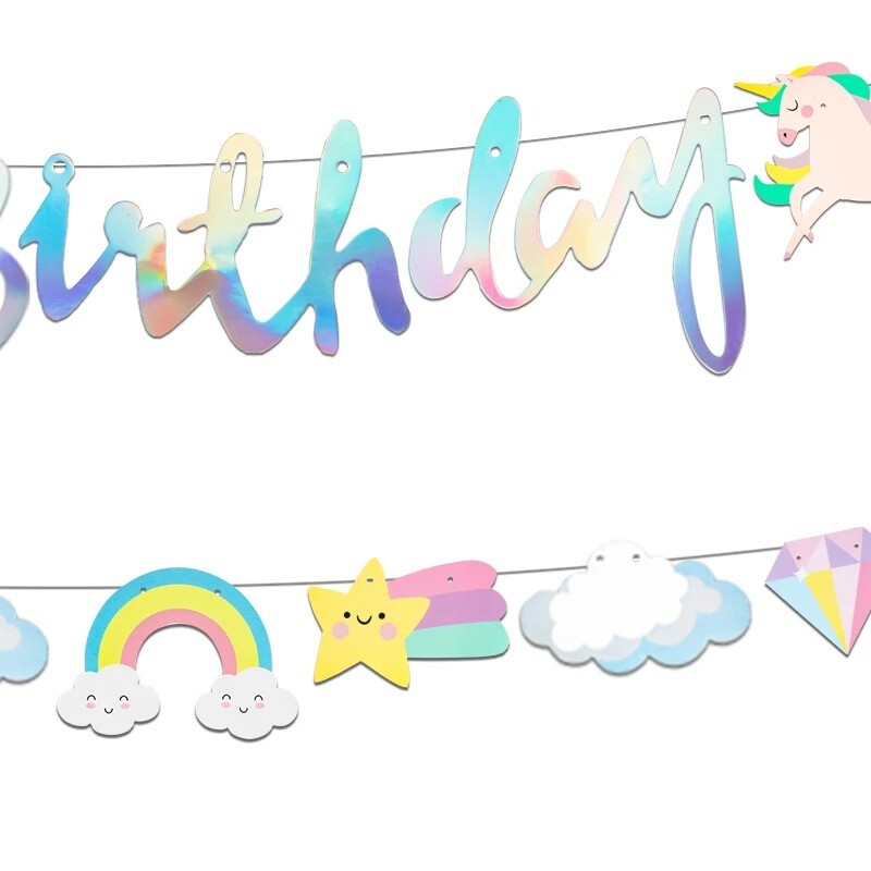 Boldog születésnapot Streamers egyszarvú Zászlóhúzás Nappali Kert Bevásárlóközpont Kávézó Gyerekek Születésnapi Party dekoráció Bannerek