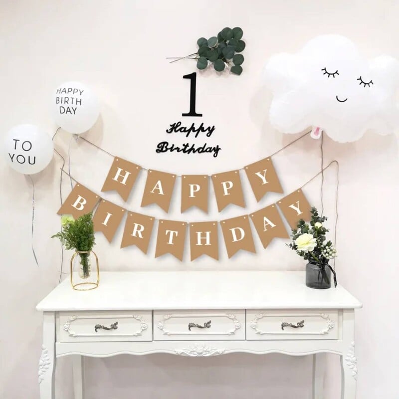 Jauns daudz laimes dzimšanas dienas rotājums Dzimšanas dienas ballīte vītne Bērnu dušas piederumi Kraftpapīra reklāmkarogu dekorēšana Daudz laimes dzimšanas dienā