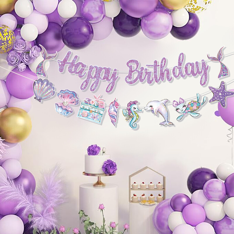 Διακόσμηση για πάρτι ουράς γοργόνας Γιρλάντα Χρόνια πολλά Πανό για κορίτσια Διακόσμηση γενεθλίων Γοργόνα Κοχύλι ουράς πανό Προμήθειες για ντους μωρών