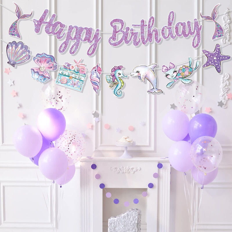 Διακόσμηση για πάρτι ουράς γοργόνας Γιρλάντα Χρόνια πολλά Πανό για κορίτσια Διακόσμηση γενεθλίων Γοργόνα Κοχύλι ουράς πανό Προμήθειες για ντους μωρών