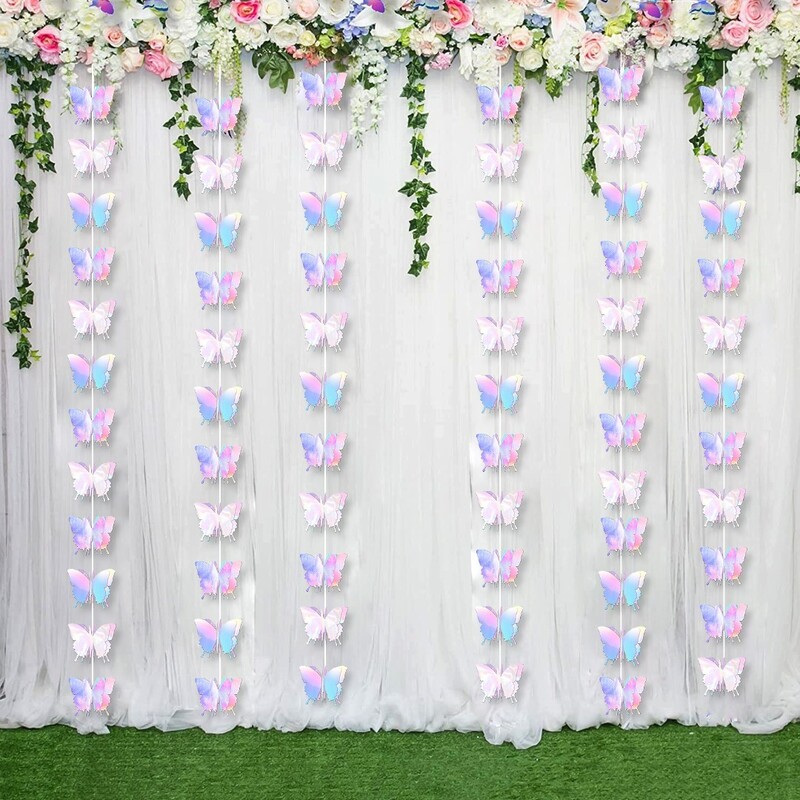 3D pillangós papírfüzér pillangós papírmatricával Party, születésnap, esküvői dekoráció, lézerezüst pillangó virág 48db