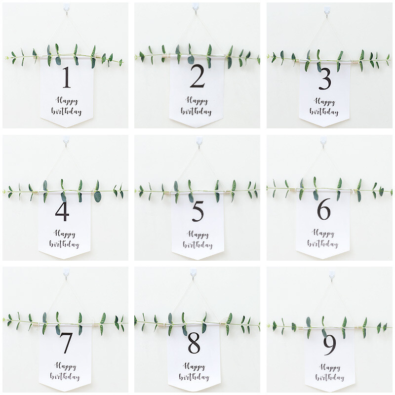 1 rinkinys Happy Birthday Banner Girland 1-9th White Gimtadienis Bunting Pirmojo gimtadienio reikmenys Kūdikių dušas Šimto dienų dekoravimas