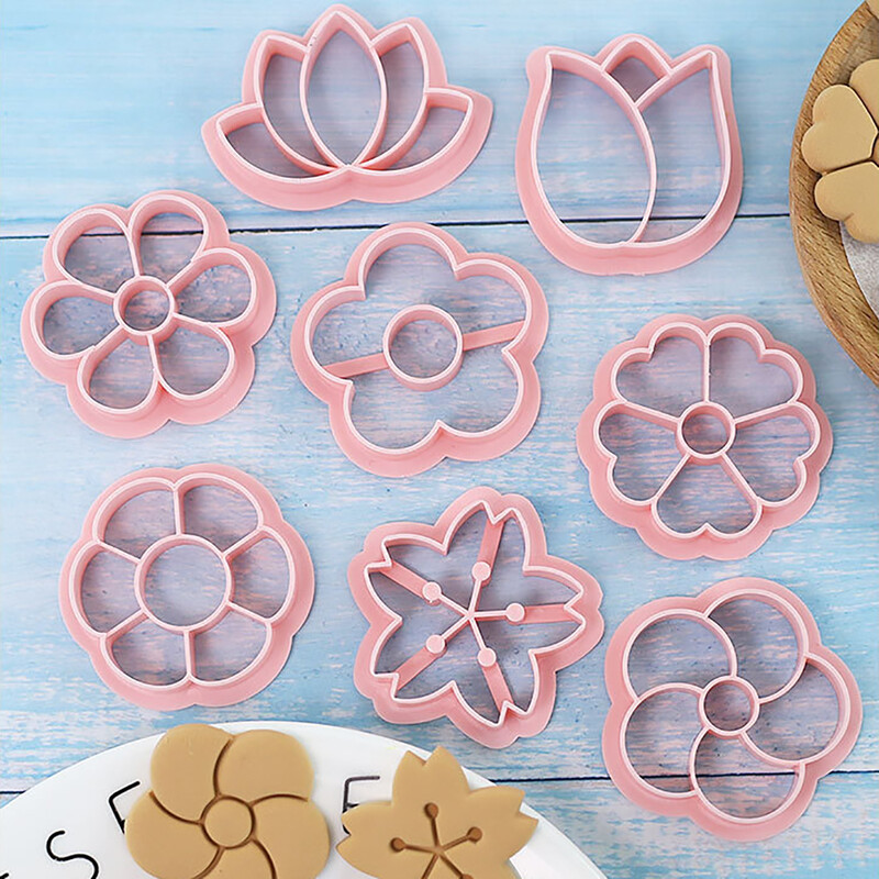 8 db/szett Virág formájú süteményvágók Formában sütés-tészta Fondant keretes ételvágók gyerekeknek Biscoito vágó sütibélyegző