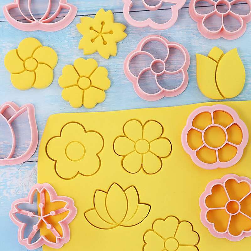 8 db/szett Virág formájú süteményvágók Formában sütés-tészta Fondant keretes ételvágók gyerekeknek Biscoito vágó sütibélyegző