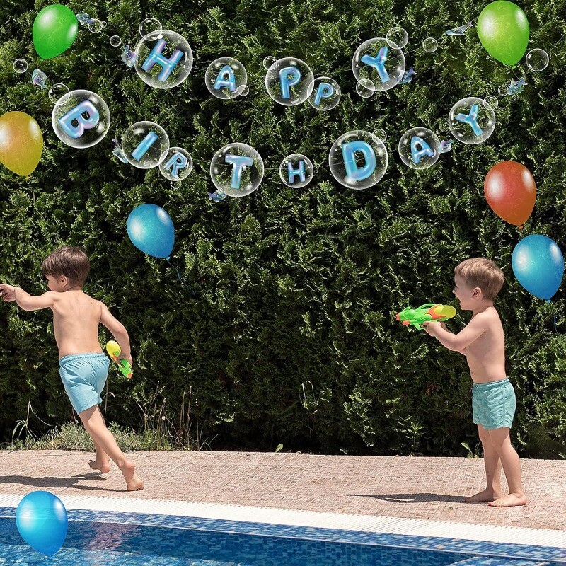 Átlátszó kék tenger alatt Boldog születésnapot jelző szalag óceán születésnapi parti dekorációhoz, halbuborékos füzér függő születésnapi dekorációhoz