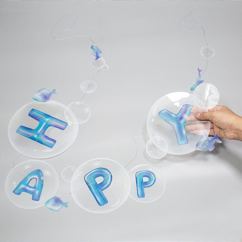 Átlátszó kék tenger alatt Boldog születésnapot jelző szalag óceán születésnapi parti dekorációhoz, halbuborékos füzér függő születésnapi dekorációhoz