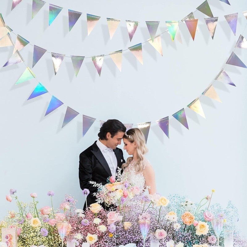 Irizáló partidíszek Holografikus függő háromszög zászlós zászló zászlók sármányfüzér születésnapi diszkóparti kellékekhez