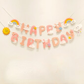 INS Baby Girl nem szőtt rózsaszín boldog születésnapi parti füzér szivárvány téma hátterek dekoráció napfelhő szalaghirdetés