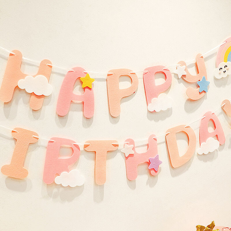INS Baby Girl nem szőtt rózsaszín boldog születésnapi parti füzér szivárvány téma hátterek dekoráció napfelhő szalaghirdetés