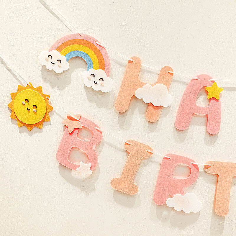 INS Baby Girl nem szőtt rózsaszín boldog születésnapi parti füzér szivárvány téma hátterek dekoráció napfelhő szalaghirdetés