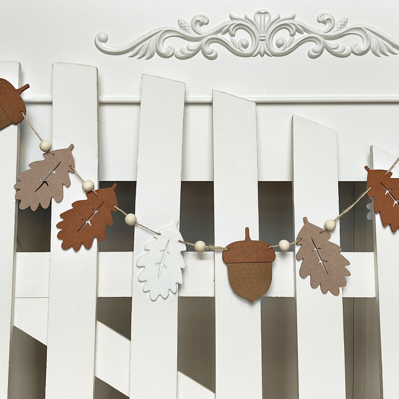 1 db őszi füzér makk és tölgylevelek, semleges őszi zászló, filclevelek és fagyöngyök, hálaadási lakberendezés