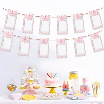 Pink 1st Birthday Photo Banner Garland 12 Months Photo Frame Banner Butterfly Unicorn Donut ενός έτους Προμήθειες για πάρτι γενεθλίων