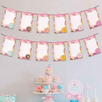 Pink 1st Birthday Photo Banner Garland 12 Months Photo Frame Banner Butterfly Unicorn Donut ενός έτους Προμήθειες για πάρτι γενεθλίων